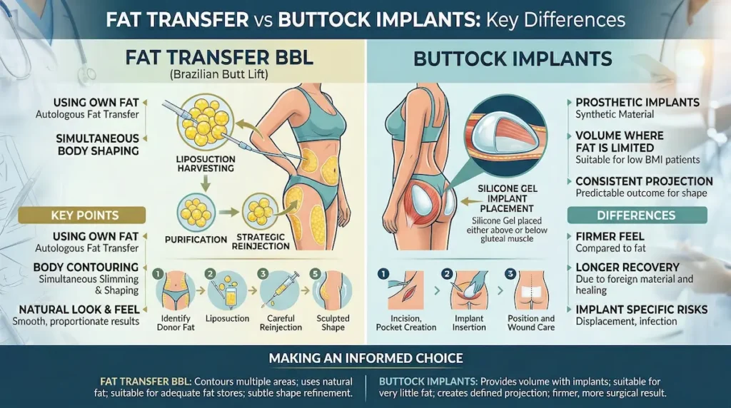Infographic showing BBL implants vs fat transfer, including liposuction, fat purification, reinjection, and buttock implant placement.