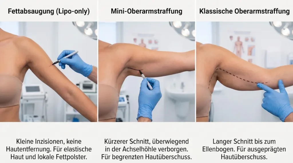 Oberarmstraffung Narben im Vergleich: Lipo-only, Mini-Oberarmstraffung und klassische Straffung mit unterschiedlicher Schnittlänge.
