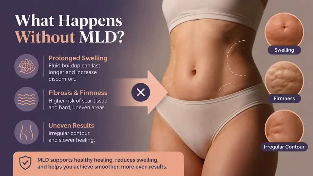 Infographic showing risks of skipping lymphatic drainage massage after lipo, including swelling, firmness, and uneven contour.