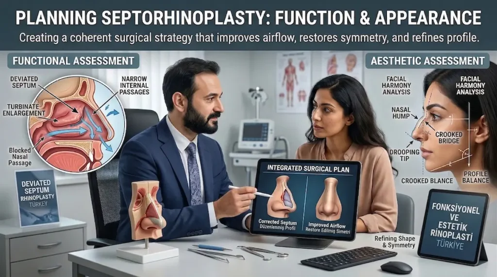 Septorhinoplasty Turkey consultation image showing functional assessment, aesthetic planning, septum analysis, and profile refinement for UK patients.