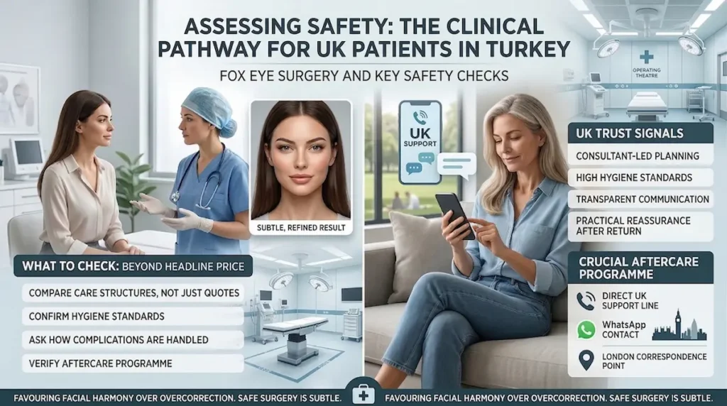Safety infographic for fox eye surgery Turkey showing consultant led care, hygiene standards, UK support, aftercare planning and checks for British patients.