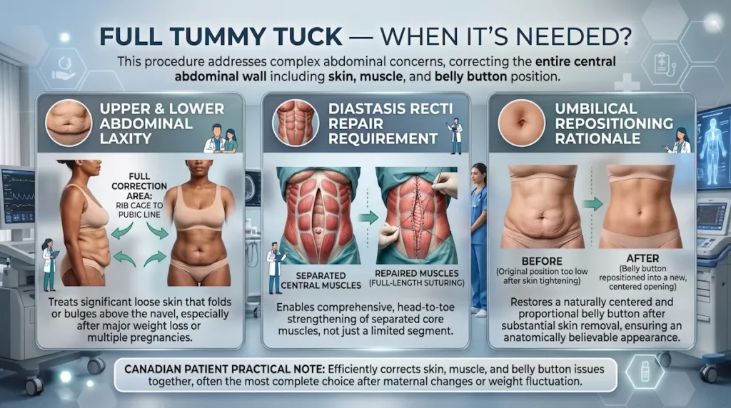 Mini vs full tummy tuck infographic showing when full surgery is needed for diastasis recti repair and belly button repositioning.