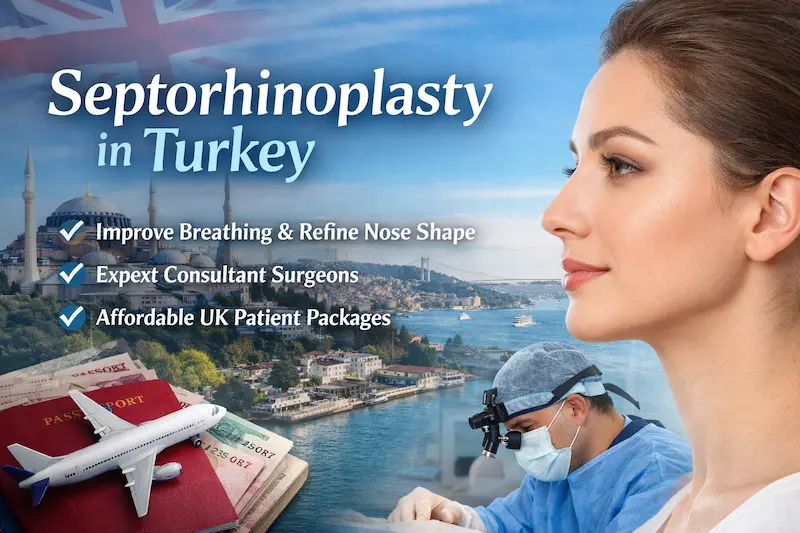 Septorhinoplasty Turkey image showing a patient profile, consultant surgeon, travel elements, and the Istanbul skyline for UK patients.