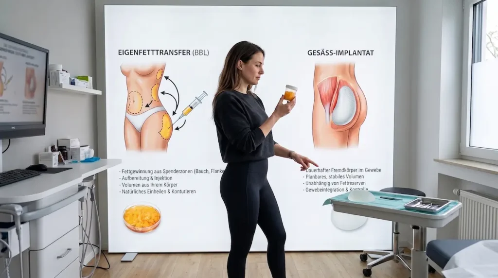Po Implantate oder Eigenfett im Vergleich: Ärztliche Darstellung von Eigenfetttransfer und Gesäßimplantat.