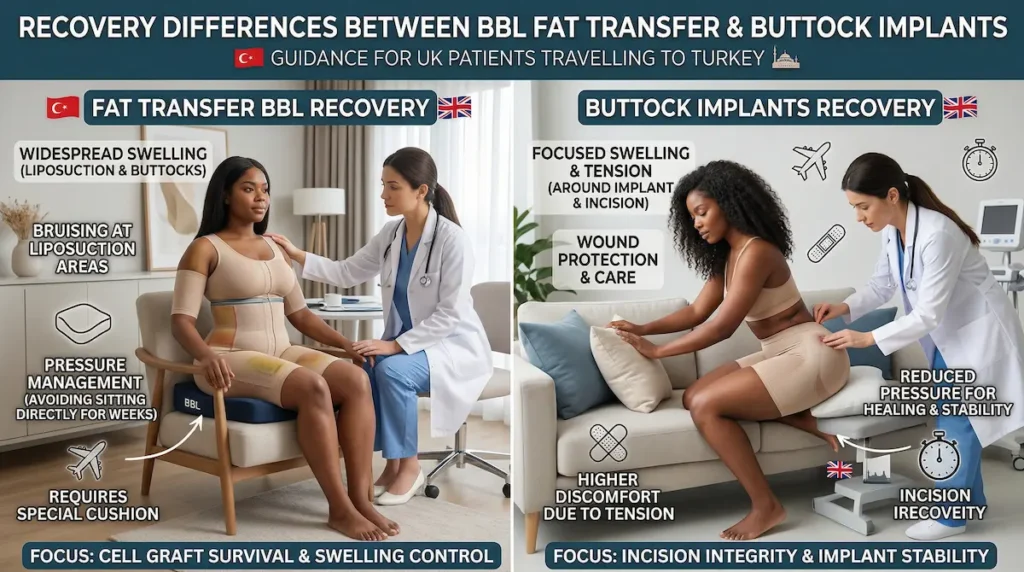 Recovery infographic for BBL implants vs fat transfer, showing swelling, pressure care, sitting support, and healing differences for UK patients.