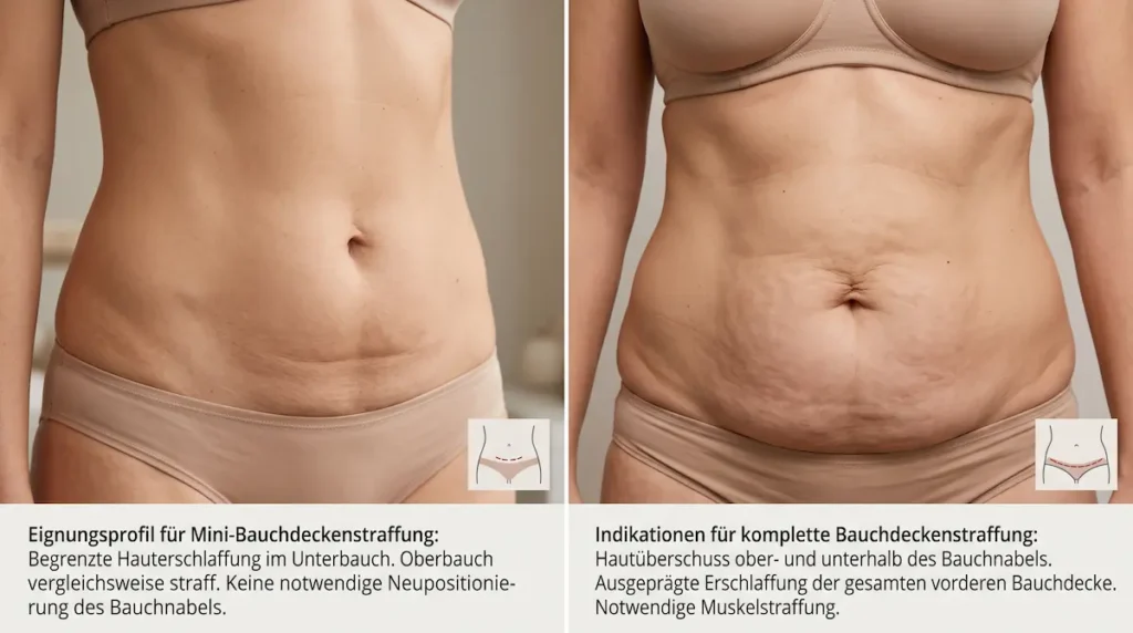 Mini oder komplette Bauchdeckenstraffung: Vergleich zweier Eignungsprofile bei begrenztem und ausgeprägtem Hautüberschuss am Bauch.