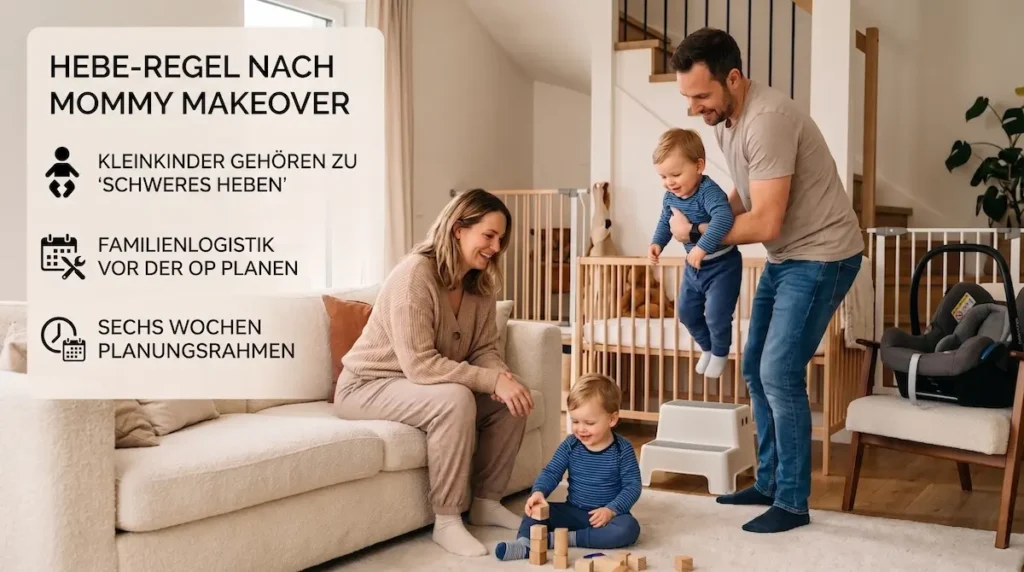 Mommy Makeover Erholung mit Kindern: Vater hebt ein Kleinkind, während die Mutter körperliche Belastung vermeidet.