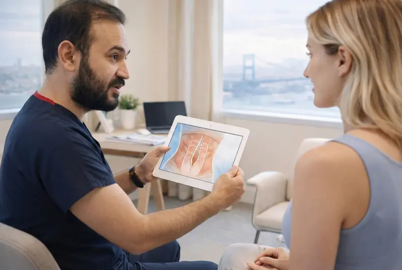 Doctor consultation showing a diastasis recti assessment discussion, using a tablet with an abdominal anatomy diagram to explain diagnosis and grading.