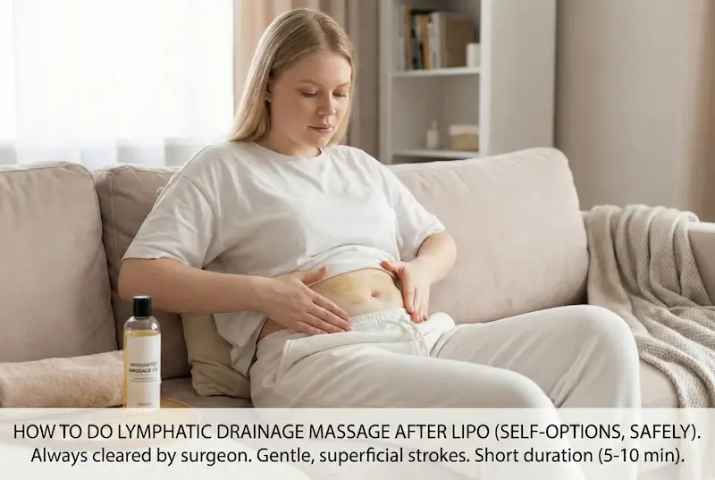 How to do lymphatic drainage massage after lipo: woman performing gentle, superficial self-massage on the lower abdomen at home, following surgeon-cleared recovery guidance.