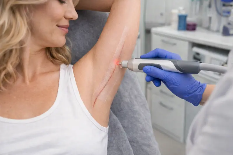 Laser scar treatment on an inner upper arm arm lift scar to improve raised, dark, or thick arm lift scars.