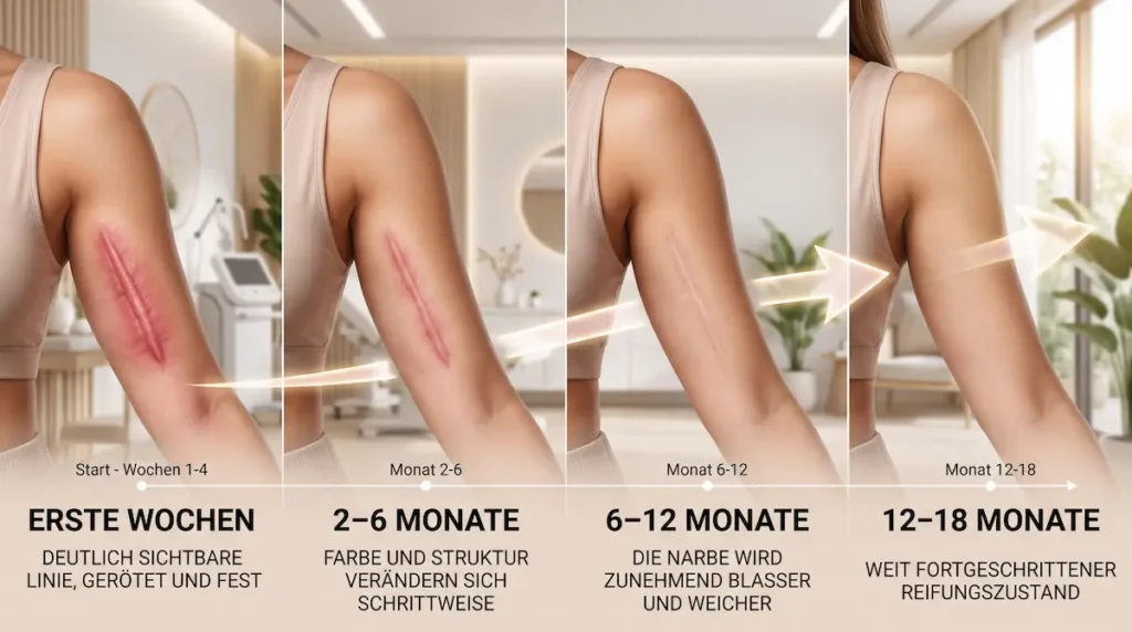 Oberarmstraffung Narben im Heilungsverlauf: Darstellung der Innenarmnarbe von den ersten Wochen bis Monat 12–18.