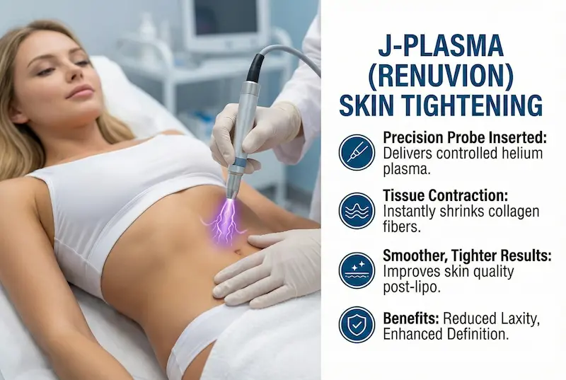 J-Plasma (Renuvion) skin tightening graphic showing a handheld probe delivering controlled energy to tighten skin after liposuction.