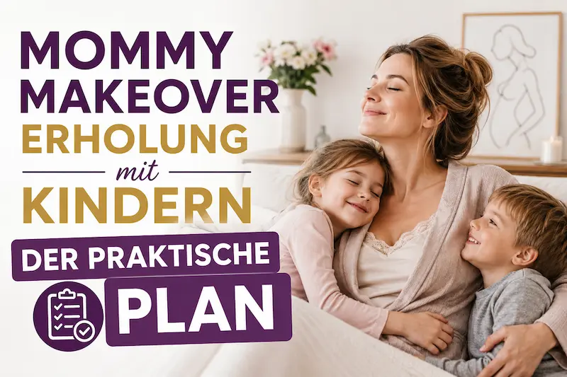 Mommy Makeover Erholung mit Kindern: Mutter ruht mit zwei Kindern zu Hause und plant die ersten Wochen nach der OP.