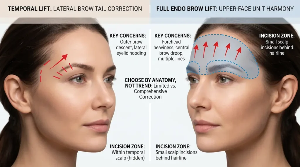Temporal lift vs brow lift anatomical comparison showing lateral brow tail correction and full upper-face lift zones.