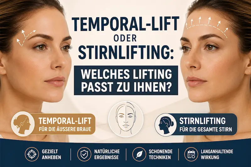 Temporal Lift oder Stirnlifting: Vergleichsgrafik mit Frauenporträts, Hebelinien an Braue und Stirn sowie den jeweiligen Behandlungszonen.