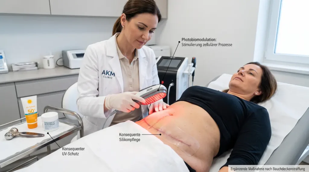 Bauchdeckenstraffung Narbenpflege mit LLLT: Photobiomodulation als ergänzende Maßnahme bei einer heilenden Unterbauchnarbe.