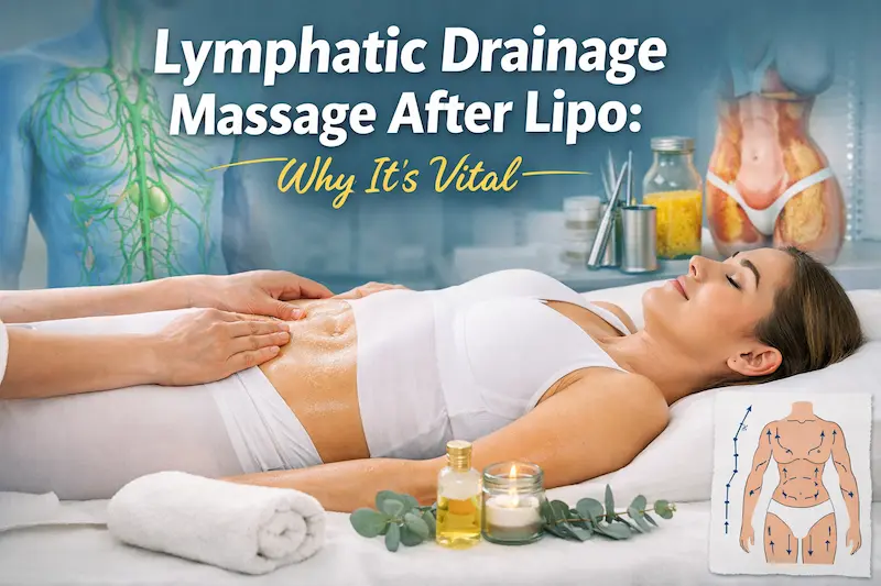Lymphatic drainage massage after lipo on the abdomen with gentle post-op technique, showing recovery-focused care and lymphatic flow illustration.
