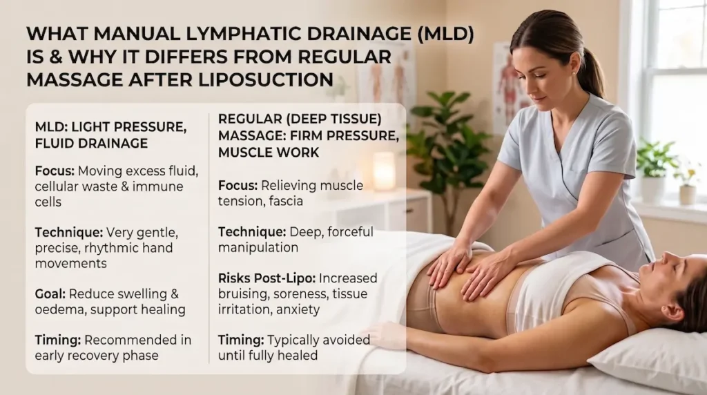 Infographic comparing lymphatic drainage massage after lipo with deep tissue massage for safer post-lipo recovery.