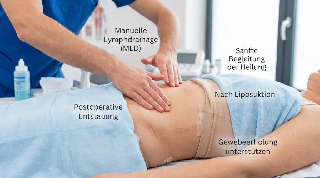 Lymphdrainage nach Fettabsaugung: Therapeut führt eine sanfte manuelle Lymphdrainage am Bauch zur postoperativen Entstauung durch.