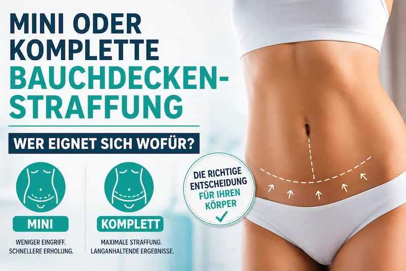 Mini oder komplette Bauchdeckenstraffung – Vergleichsgrafik mit Bauchkontur, Schnittlinien sowie den Optionen Mini und komplett.