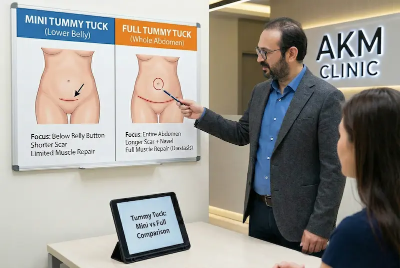 Mini vs full tummy tuck comparison board at AKM Clinic showing lower-belly mini vs whole-abdomen full tummy tuck and scar placement.