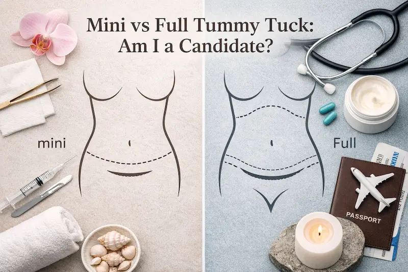 Mini vs full tummy tuck comparison graphic showing incision/scar placement and abdomen contour differences.