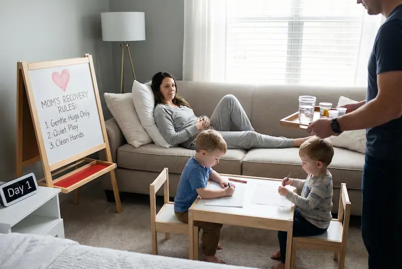 Mother resting on a couch during the first 72 hours of mommy makeover recovery with kids doing quiet play, while a partner brings water and medications.