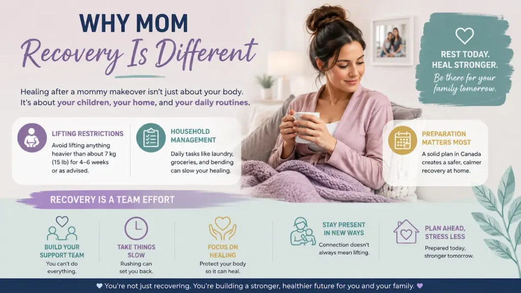 Mom resting with recovery reminders, illustrating mommy makeover recovery with kids and safe lifting limits.
