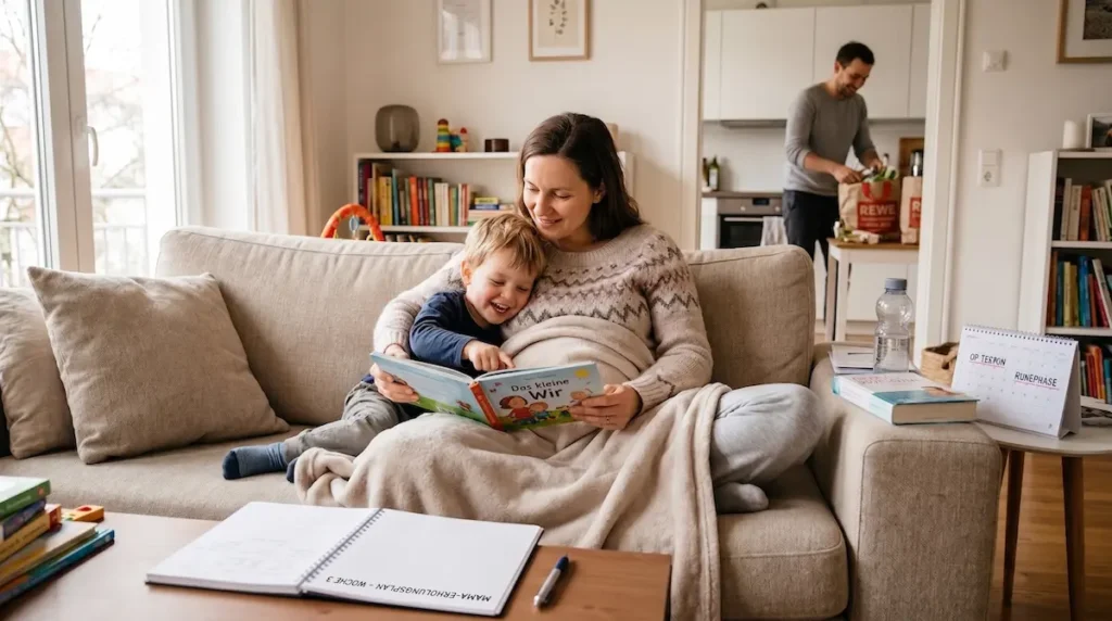 Mommy Makeover Erholung mit Kindern: Mutter liest mit ihrem Kind auf dem Sofa, während der Partner den Haushalt übernimmt.