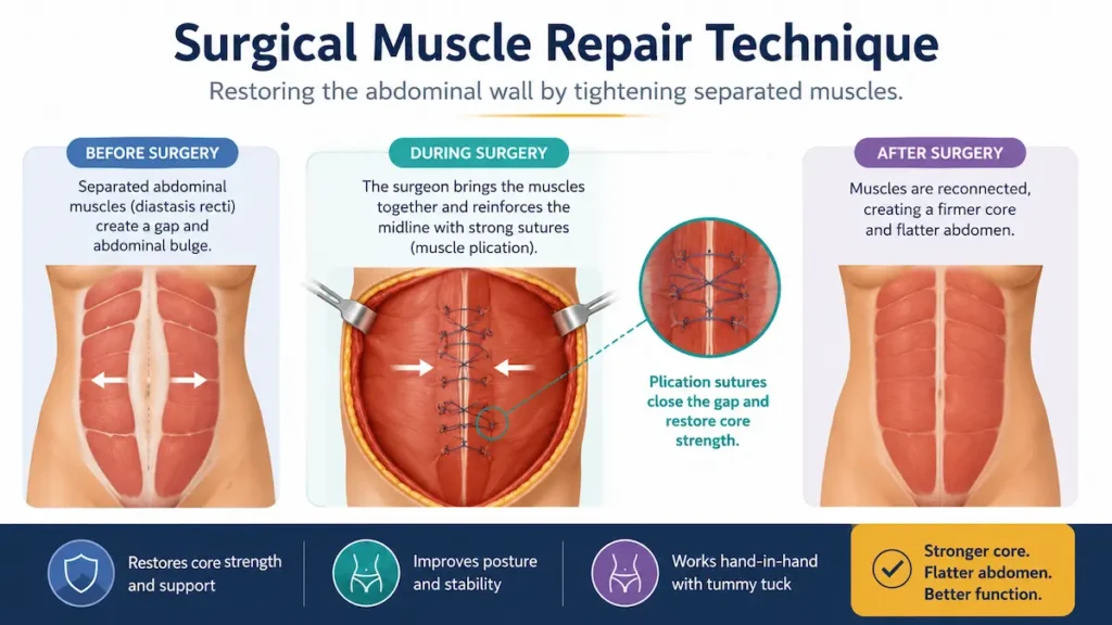 Diastasis recti repair surgery infographic showing muscle plication sutures closing abdominal muscle separation.