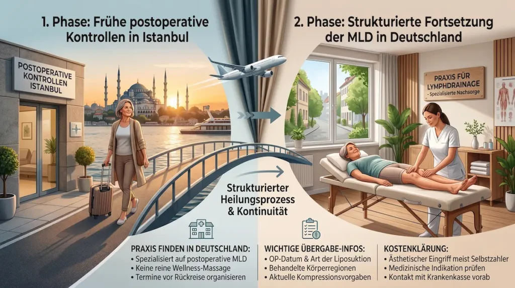 Lymphdrainage nach Fettabsaugung: Übergang von postoperativen Kontrollen in Istanbul zur MLD-Nachsorge in Deutschland.