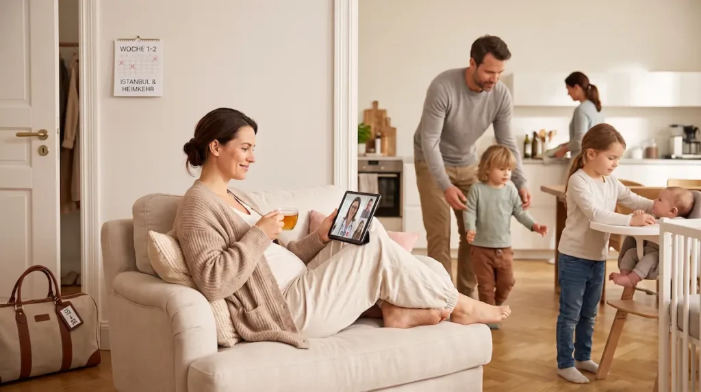 Mommy Makeover Erholung mit Kindern: Mutter ruht zu Hause, während Partner und Familie Betreuung und Alltag übernehmen.