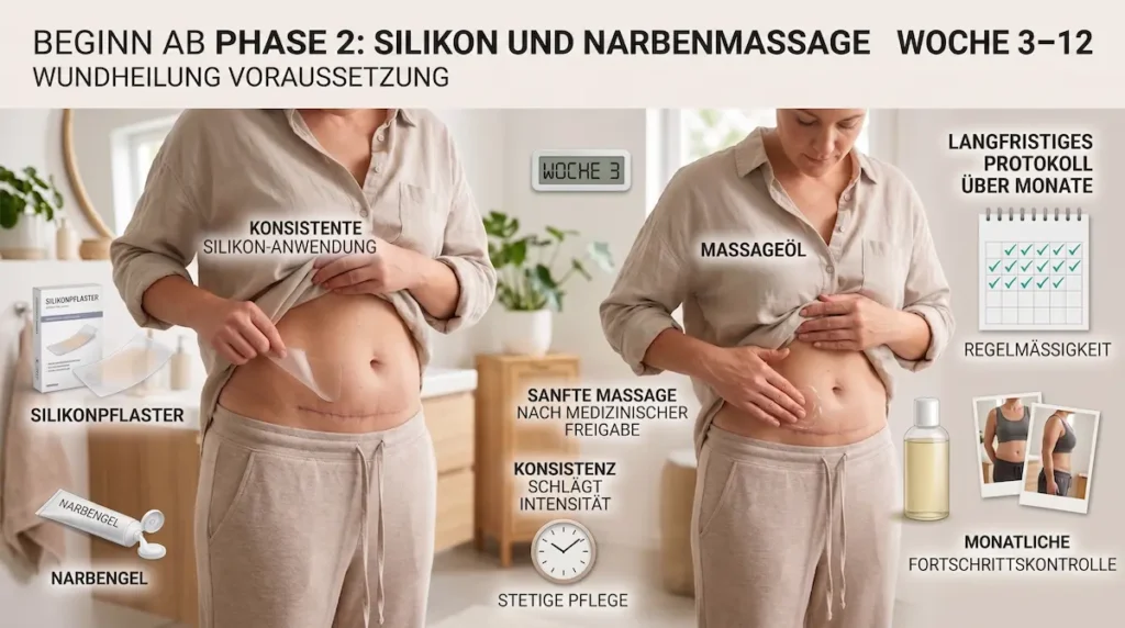 Bauchdeckenstraffung Narbenpflege mit Silikonpflaster, Narbengel und sanfter Massage ab der ärztlich freigegebenen Heilungsphase.