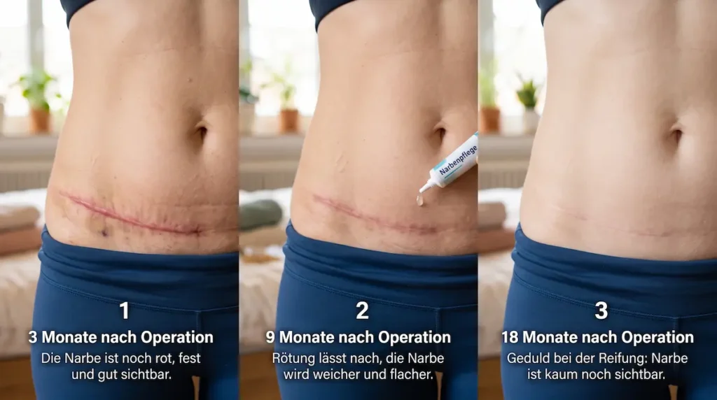 Bauchdeckenstraffung Narbenpflege: Narbenreifung nach 3, 9 und 18 Monaten mit zunehmend blasser Unterbauchnarbe.