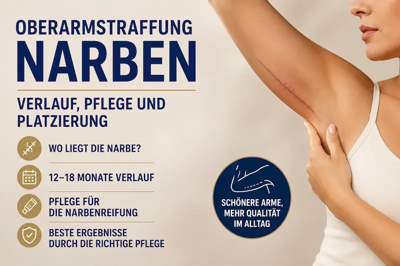 Oberarmstraffung Narben: Frau mit sichtbarer Innenarmnarbe und Hinweisen zu Platzierung, 12–18 Monaten Verlauf und Pflege.