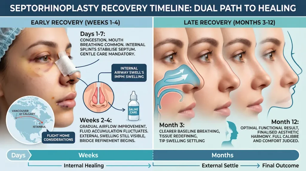 Septorhinoplasty Turkey recovery timeline showing internal healing, airflow improvement, and external nose settling.