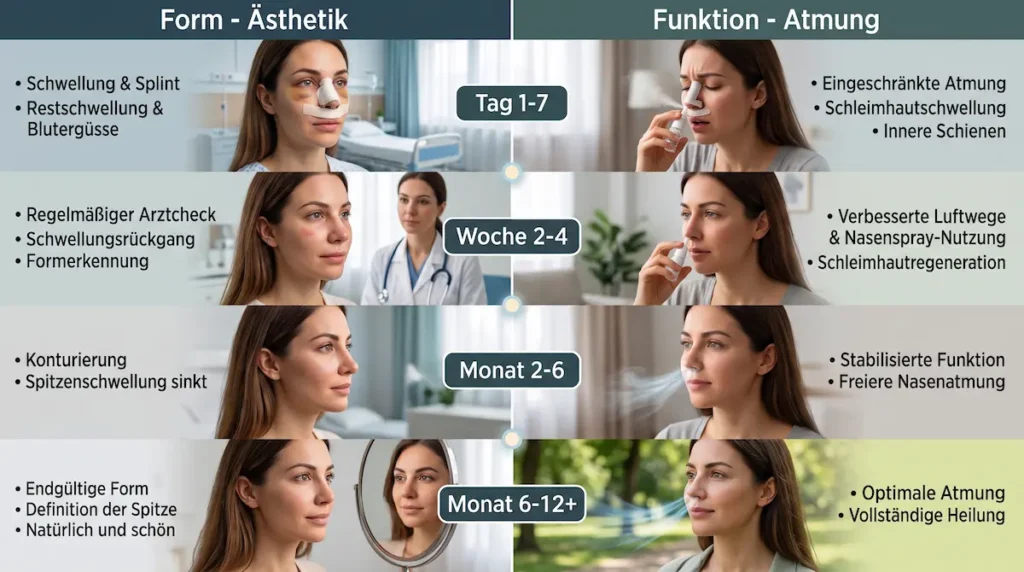 Septorhinoplastik Türkei: Zeitlicher Heilungsverlauf von Tag 1 bis Monat 12 mit Entwicklung von Form und Nasenatmung.
