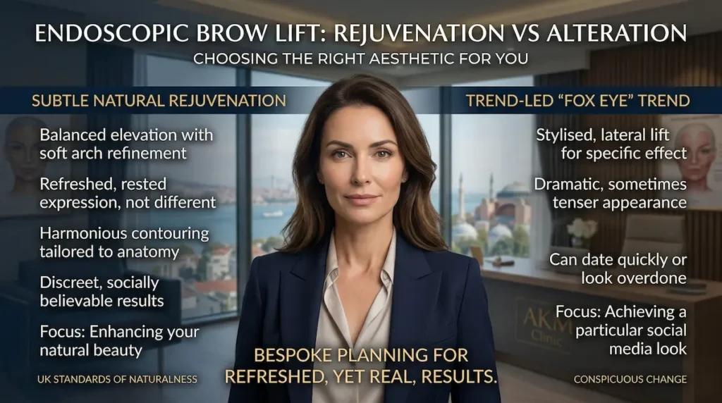 Endoscopic brow lift Turkey comparison graphic showing subtle natural rejuvenation versus the fox eye aesthetic for upper face surgery.