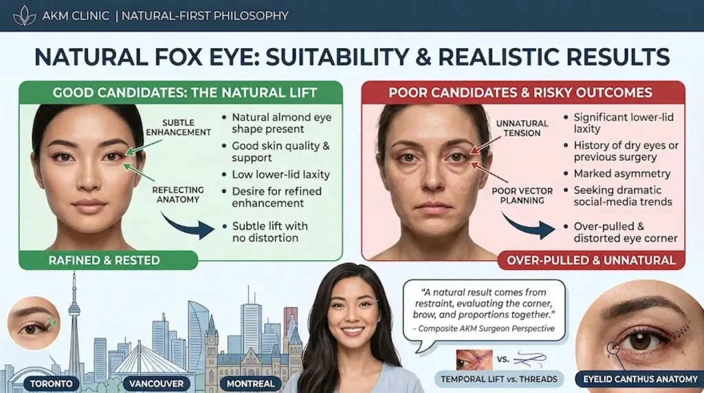 Fox eye surgery Turkey candidacy infographic comparing natural lift candidates with risky outcomes for Canadian patients.