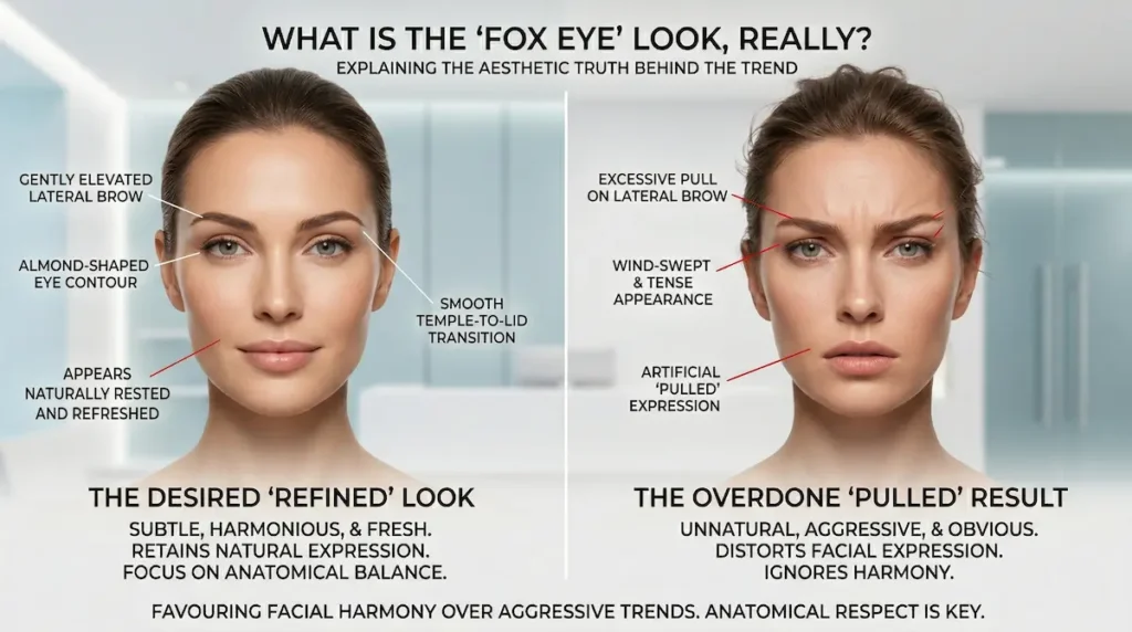 Infographic for fox eye surgery Turkey comparing a refined almond shaped eye look with an overdone pulled result and distorted facial expression.