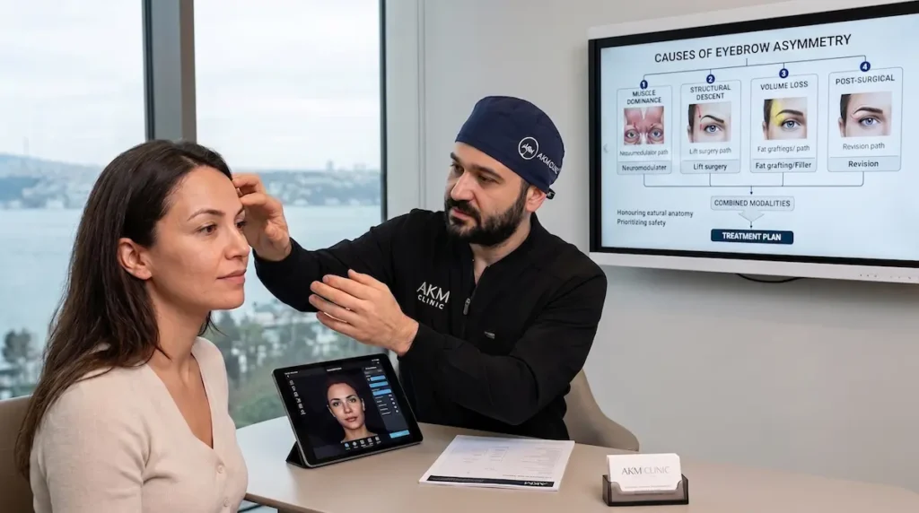 Asymmetrical eyebrow correction consultation showing a surgeon assessing brow balance with a cause based treatment pathway.