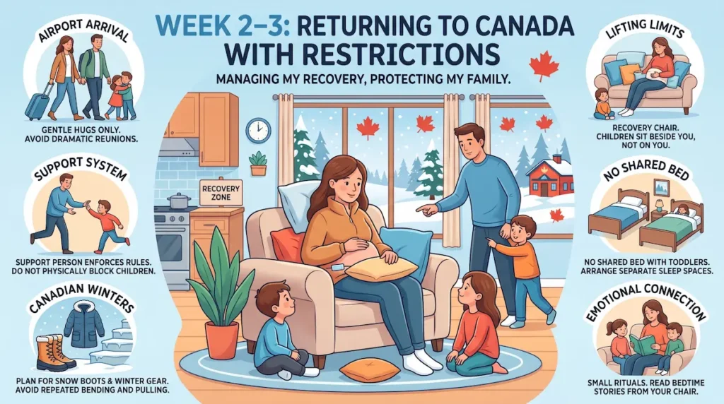 Illustrated guide to mommy makeover recovery with kids after returning to Canada with lifting limits.
