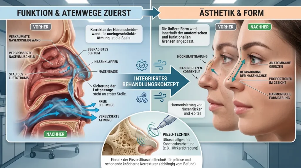 Septorhinoplastik Türkei: Ablauf mit Septumkorrektur, funktioneller Atemwegsplanung, Nasenformung und Piezo-Technik.