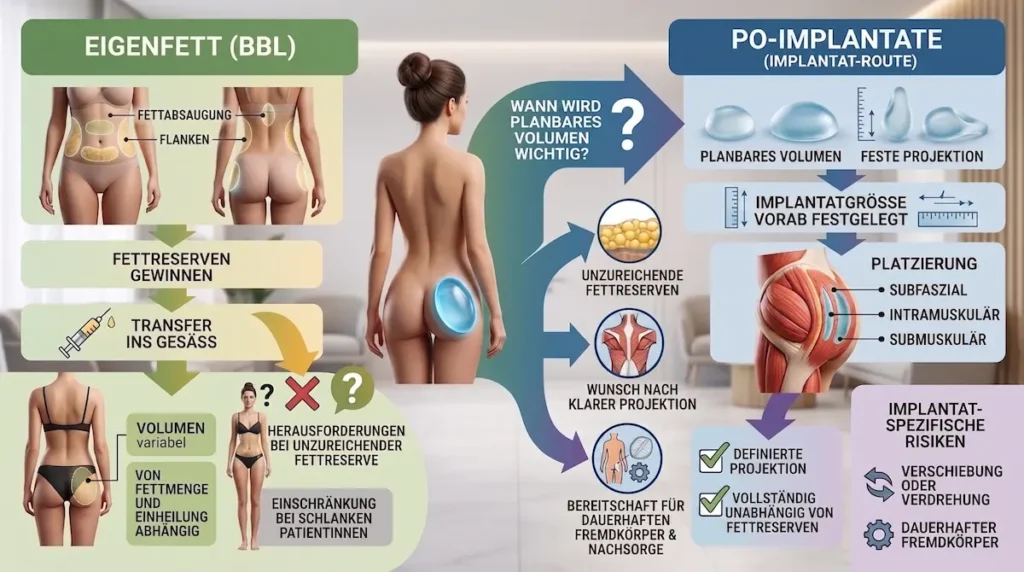 Po Implantate oder Eigenfett: Vergleich von Fettreserve, planbarem Volumen, Implantatplatzierung und Risiken.