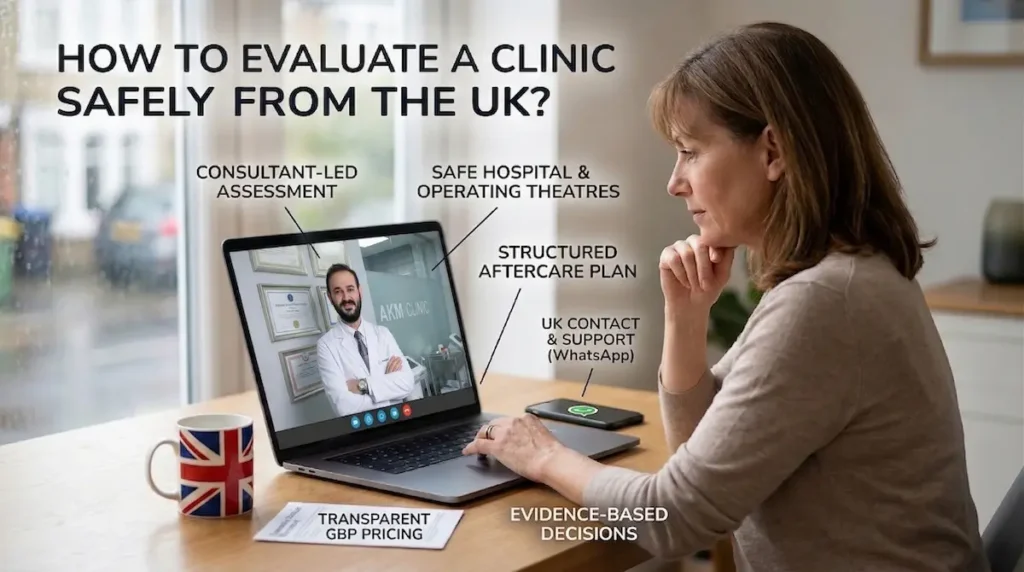 Diastasis recti repair surgery consultation image showing a UK patient reviewing clinic safety, aftercare, WhatsApp support and transparent GBP pricing.
