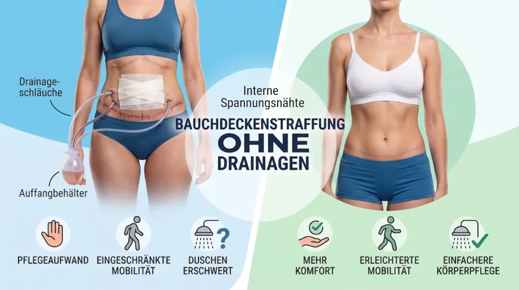 Bauchdeckenstraffung Drainage im Vergleich: Drainageschläuche links, interne Spannungsnähte und erleichterte Nachsorge rechts.