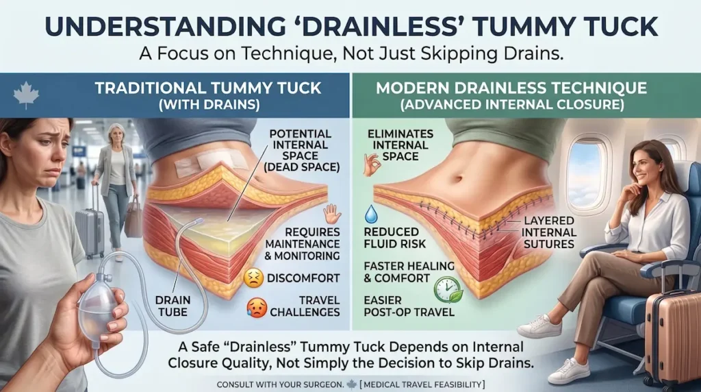 Tube tummy tuck infographic comparing traditional drains with modern drainless internal closure for Canadian patients.