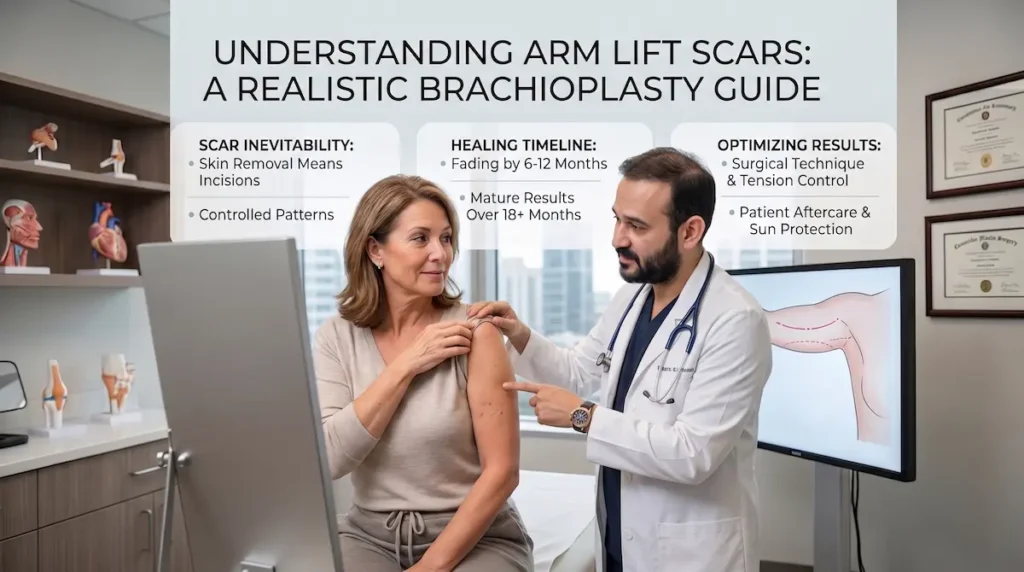 Doctor explaining arm lift scar expectations, healing timeline, and incision planning during a brachioplasty consultation.