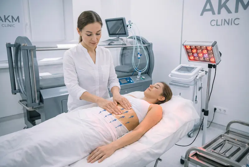 AKM Clinic recovery support for lymphatic drainage massage: clinician performs gentle post-lipo lymphatic drainage on abdomen in a modern treatment room with recovery technology equipment.