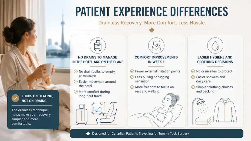 Tube tummy tuck infographic showing patient experience differences during drainless recovery for Canadian patients.
